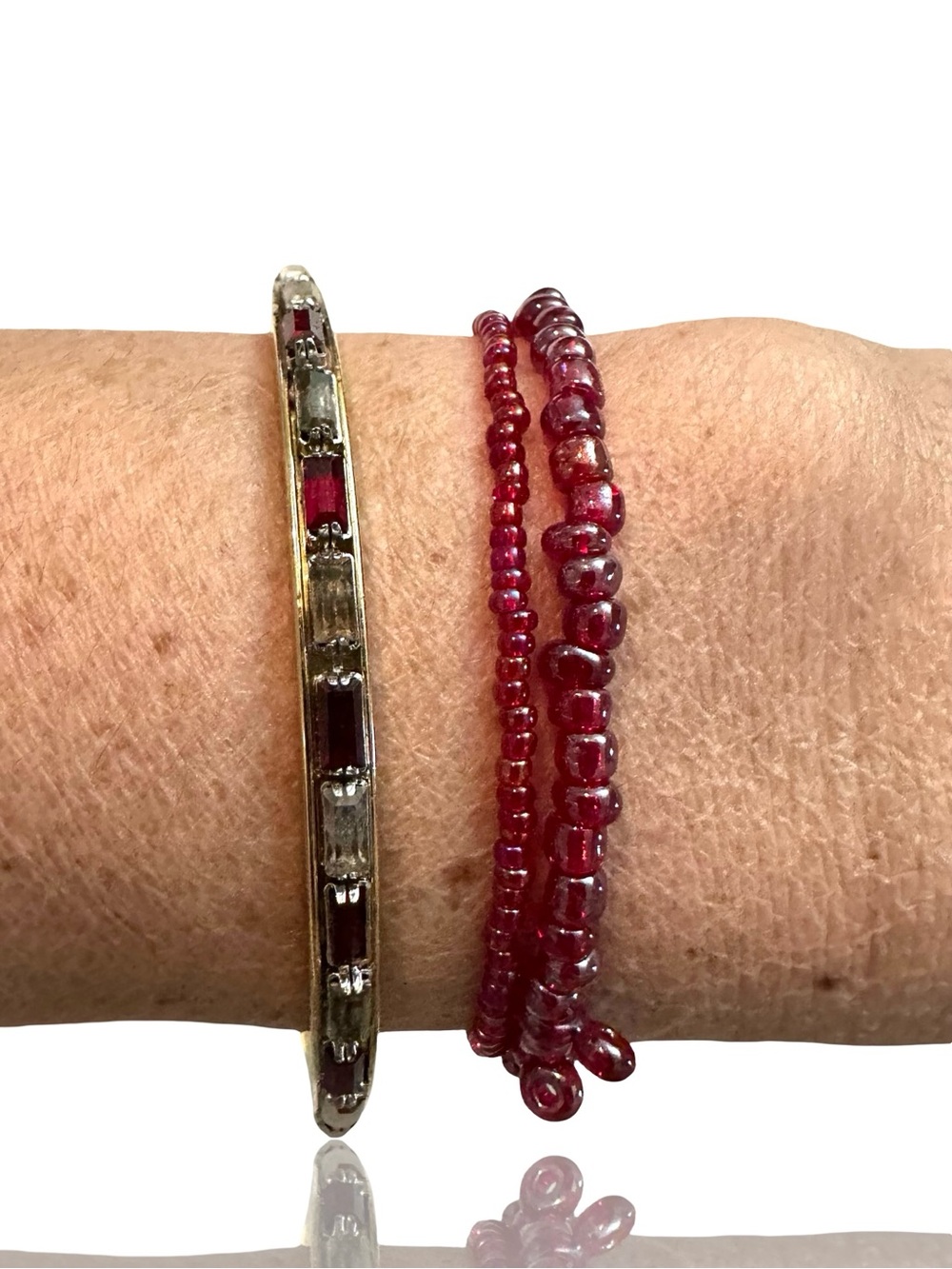2 for $30 Vintage Gold-Tone Bangle with Deep Red Beaded Bracelet Set